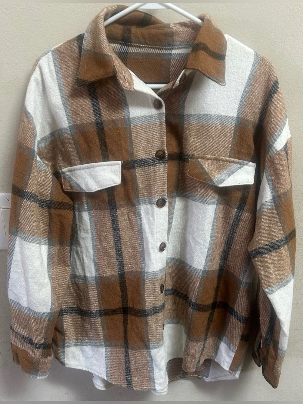 SHEIN Brown and White Plaid Utility Shacket